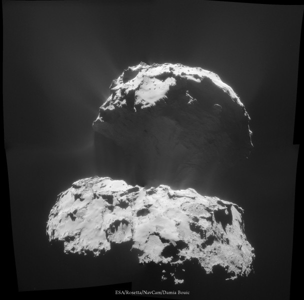 3 Février 2015 - Epoustouflante image de 67P envoyée par Rosetta, montrant des jets bien développés, une lueur qui éclaire la zone plongée dans l'ombre et la même ombre qui se projète dans les particules éjectées par la comète !