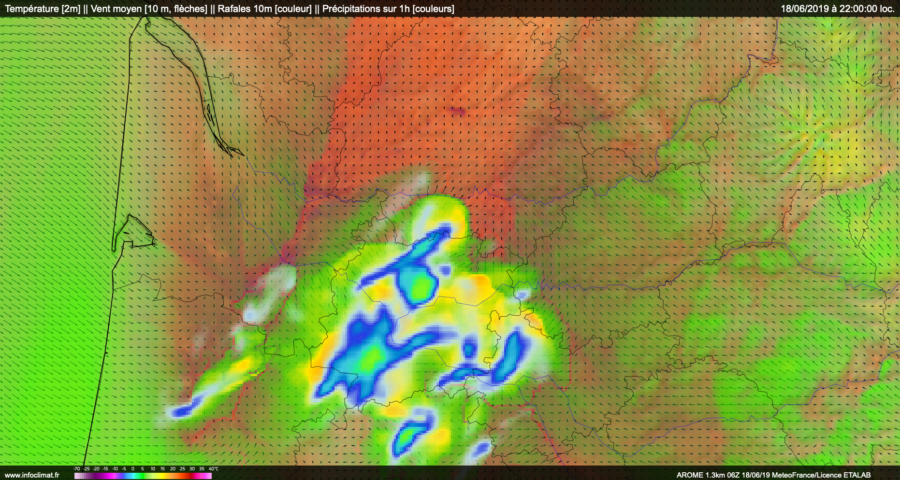 Modélisation numérique montrant le vent en surface avec des flèches, les rafales de vent en couleur et les zones de pluie, concernant la Dordogne et le Lot-et-Garonne.