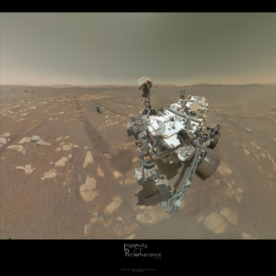 Square picture, with the first third occupied by the sky. The two other third are consisting of the whole rover body, with its head looking at a little drone, on the surface of Mars. This surface is smooth, with some rocks here and there. Horizon is sharp, with flat hills. Tracks of the rover are visible on the ground, behind the vehicle.