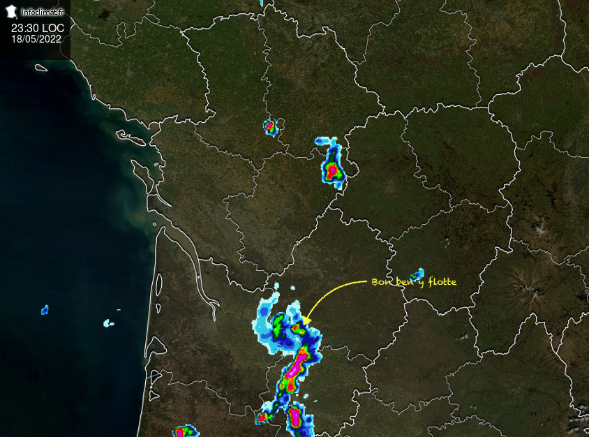 Image radar. Un flèche sur ma position qui dit "Bon ben y flotte"