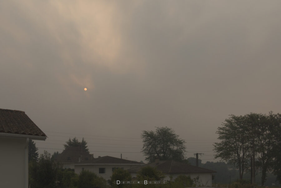 Zone pavillonnaire, toitures à gauche, et au milieu. Des arbres au milieu et à droite. Ambiance tirant du jaune vers le gris, ciel encombré, seul un Soleil jaune vif, presque doré, perce ce ciel opaque