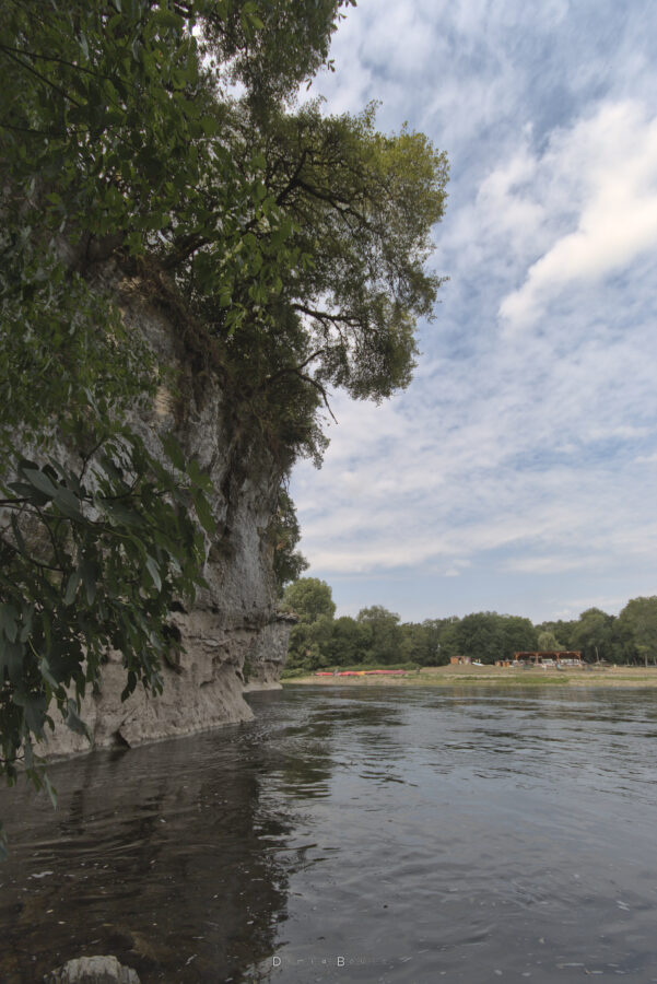 Une falaise domine la Dordogne, à gauche. Des arbres en apparence immense sont situés au sommet de ce monument calcaire naturel