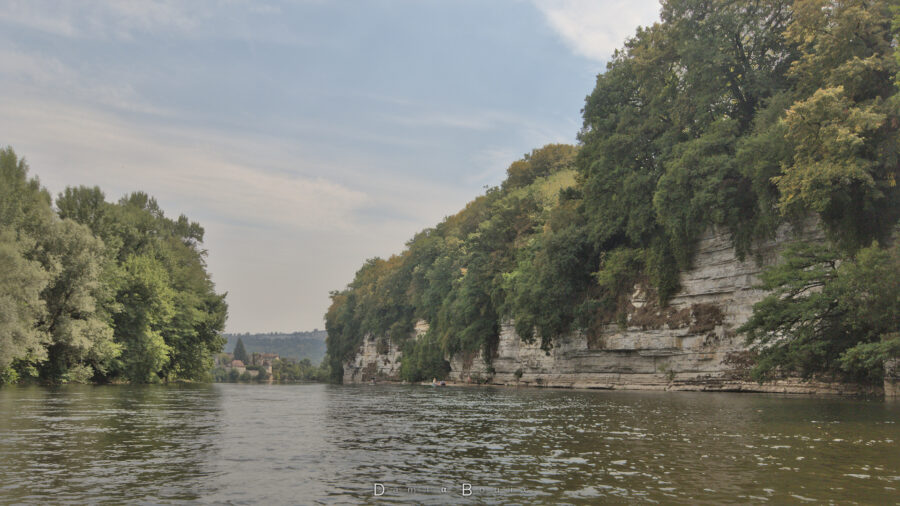 Falaise calcaire qui plonge directement dans le fleuve. Celle-ci est surmontée d'arbres et buissons divers