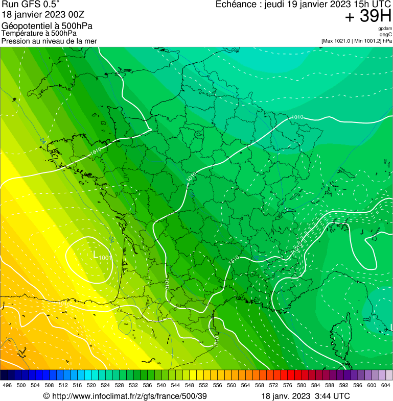 Carte météo de la France, montrant sur le Golfe du Lion, au large de Bordeaux, un minimum dépressionnaire. Echéance du 19 Janvier 2023 à 15h UTC (16h temps civil)