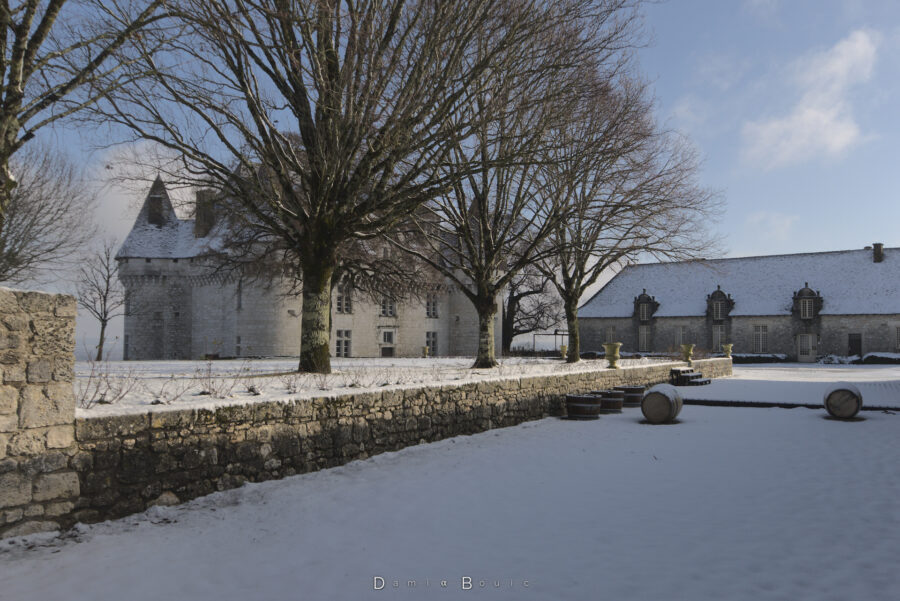 Cour enneigée dont on ne voit que la partie gauche. De grands arbres la borde. Derrière, le chateau aux allures mélées de chateau fort et de chateau dit renaissance.