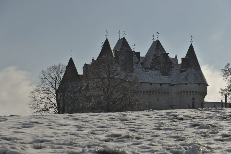 Le chateau se dévoile partiellement au dessus du sol enneigé, dont les toits, également enneigées, montrent leur forme de cônes et de pyramides entremêlées.