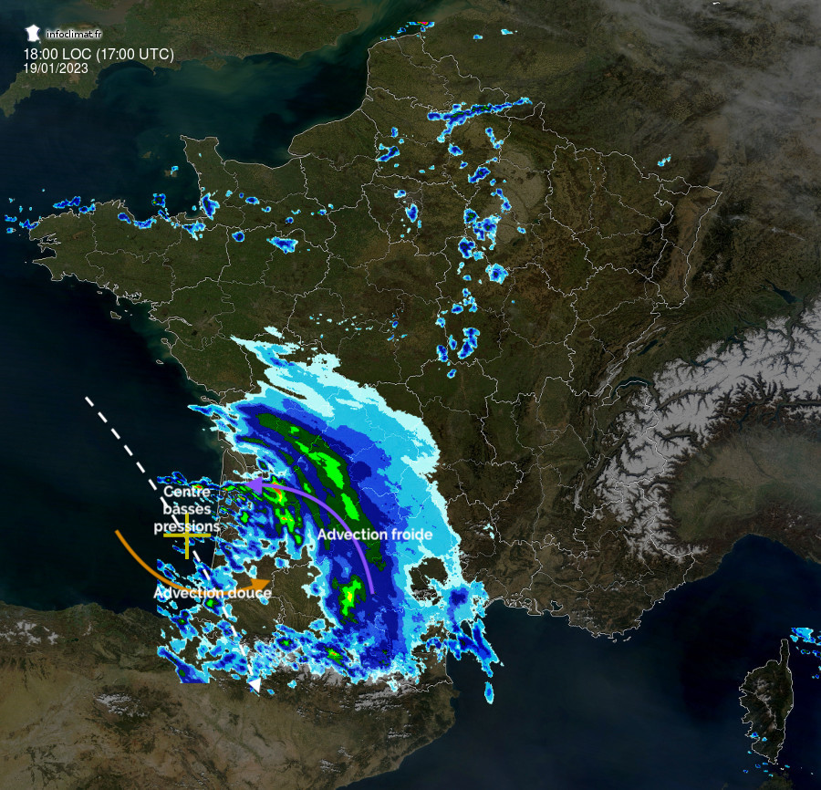 Carte météo des précipitations obtenues avec le radar de Météo France. Tout le Sud Ouest est sous l'influence des précipitations, formant un gros crocher incurvé en direction de l'océan. Des indications sous forme de flèches montrent le centre des basses pressions située au large du bassin d'Arcachon. Une flèche dans le crochet des précipitations, au Nord Est, indique l'apport d'air froid, tandis qu'une autre, inversée et sur le pays basque, indique l'apport d'air doux.