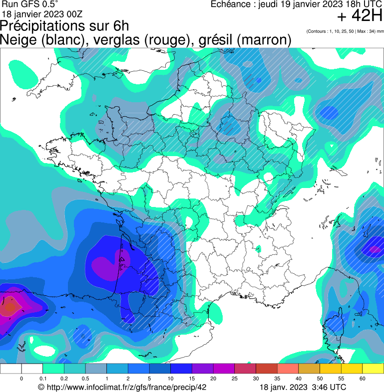 Carte météo modélisant les précipitations sur le territoire. On peut voir le Sud-Ouest sous de la pluie, ainsi que de la neige, notamment sur la partie Est de l'Aquitaine. Le coeur de la dépression est signalée par un maximum de précipitations sur le bassin d'Arcachon