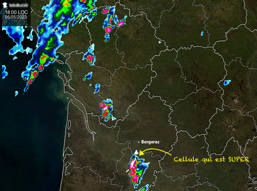 Imagerie radar sur le Nord de l'Aquitaine, de la Charente, du Limousin, dont voit les limites administratives. Bergerac est signalée au Sud-Ouest de la Dordogne. Au Sud, une tâche signale une cellule orageuse compacte. En pointillés, sa direction qui va vers la Nord. Cette cellule est fléchée par du texte qui dit : cellule qui est SUPER