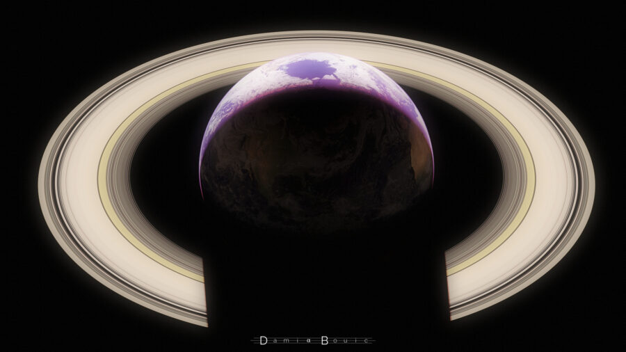 La Terre entourée d'anneaux, vue de presque dessus, avec une lumière assez rasante permettant de voir la planète en croissant dirigé vers le haut. Celle-ci projète une ombre sur les anneaux, et ceux-ci renvoient de la lumière vers le côté nuit