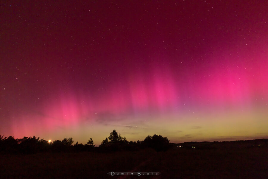 Vue différente, vers la gauche au dessus d'un buisson d'arbres, l'aurore est bien visible, ses rideaux multicolores s'étirant d'un bord à l'autre de l'image