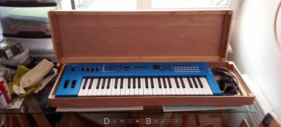 Test pour voir si le synthé et ses accessoires (deux câbles audio et l'adaptateur secteur) rentre bien dedans. Et c'est parfait. Le couvercle est juste derrière, debout, comme si on pouvait referme l'étui