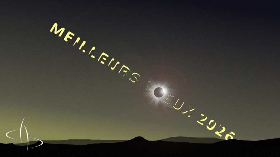 Dessin numérique de paysage crépusculaire, sur lequel est appliqué un léger filtre bruité. Le texte Meilleurs Vœux 2026 est dans le ciel, incliné vers la droite, chaque lettre évoquant les phases d'une éclipse. L'éclipse est totale sur le O de Vœux, avec un anneau de diamant et la couronne solaire visible. Mon logo, lettre d et b, est disposé à gauche en bas.