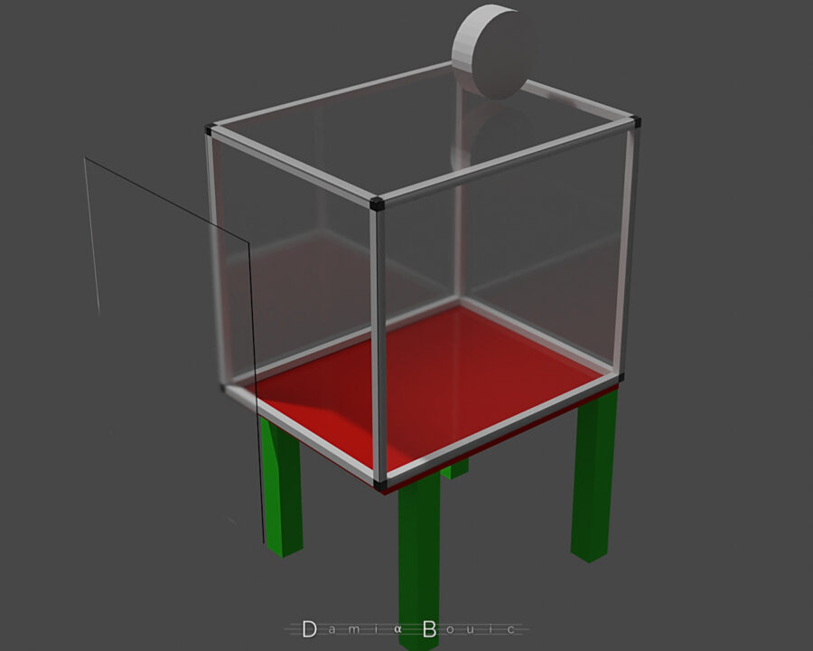 Rendu en 3D depuis Blender montrant dans les grandes lignes le caisson d'isolation, genre de gros parallélépipède dont les arrêtes sont constituées de barres d'aluminium, les faces sont transparentes car constituées de plexiglass, l'avant est ouvert pour laisser la possibilité d'installer une porte, qui est montrée comme un panneau de plexi flottant. L'ensemble repose sur une table basse rouge aux pieds épais. Dessus, un cylindre représente l'emplacement du rouleau de filaments.