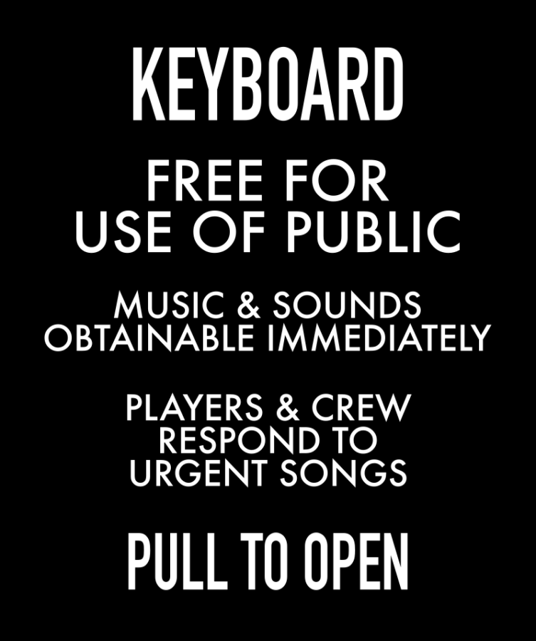 Texte du TARDIS modifié. Blanc sur noir, police mélange de Futura et de Din, tout en majuscule. En anglais, ça commence par : Keyboard, Free for use of Public, Music & Sounds obtainable immediately, Players & crew respond to urgent songs, Pull to Open.