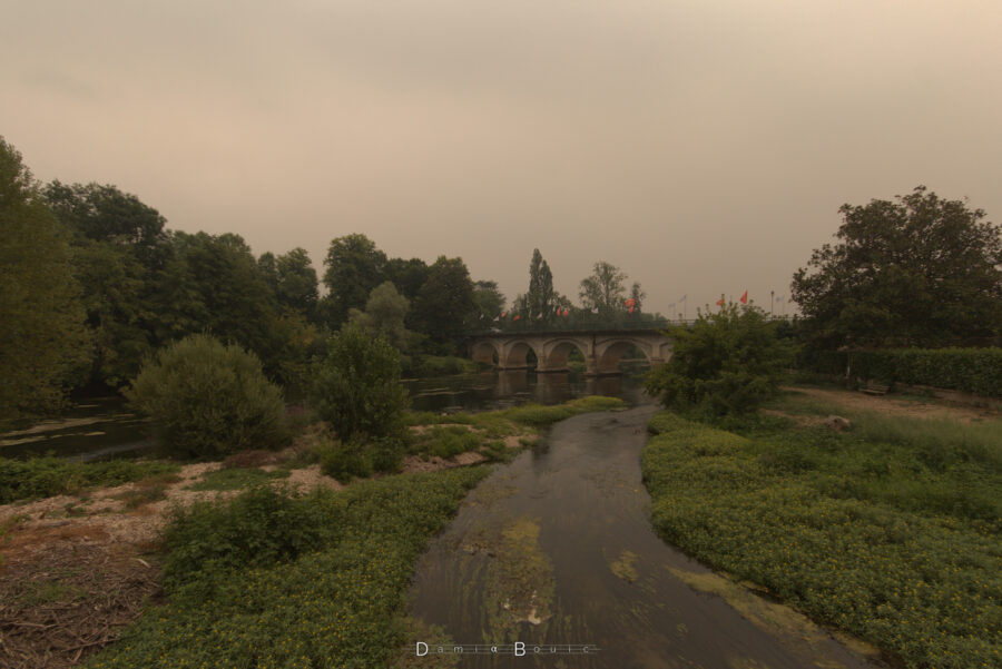 Dans un cadre très végétal et humide, au dessus d'un des bras de l'Isle, le pont de la ville qui enjamble la rivière. Le ciel reste identique.
