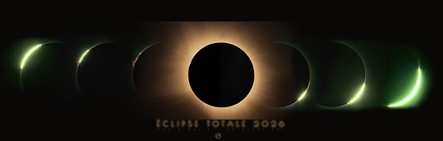 Planche montrant les phases critiques de la totalité, avec de part et d'autre d'un Soleil totalement éclipsé, les phases où la lumière solaire surgit comme de minces filets ou de perles étincelantes sur le rebord noir de la Lune.