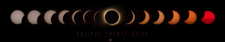 Planche montrant les différentes phases de l'éclipse. A mesure que l'on va vers la droite, la Lune recouvre une portion de plus en plus importante du Soleil, jusqu'à que celui-ci soit tout à fait recouvert, dévoilant sa couronne. Par la suite, le Soleil se découvre, jusqu'à son coucher. Dessous la planche, du texte dit Eclipse Totale 2026 Damia Bouic db-prods.net